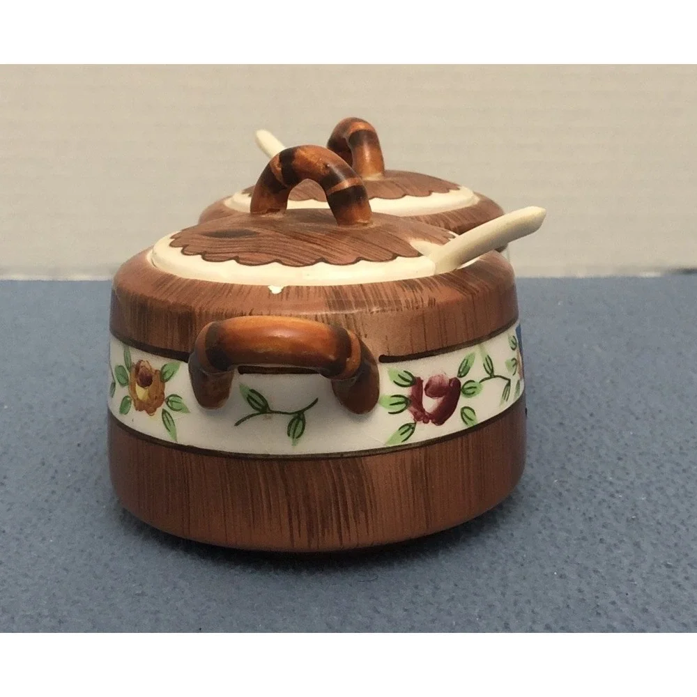 VTG Orchard Ware Brown Floral‎ Hand Painted Lidded Condiment Server w/Spoons